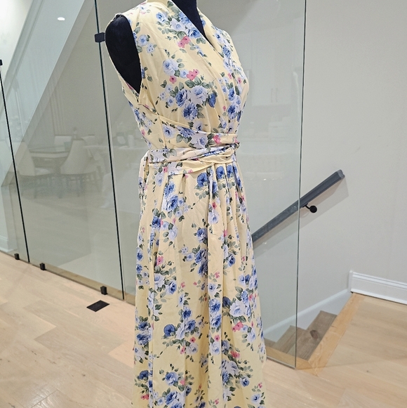 Yellow Sleeveless Floral Wrap Midi Dress Silk - Picture 5 of 6